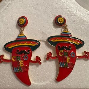 Statement Enameled Cinco De Mayo Chili Pepper Gold Tone Earrings